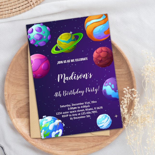 Invitación de cumpleaños a planetas moradas (Purple Planets Birthday Invitations)
