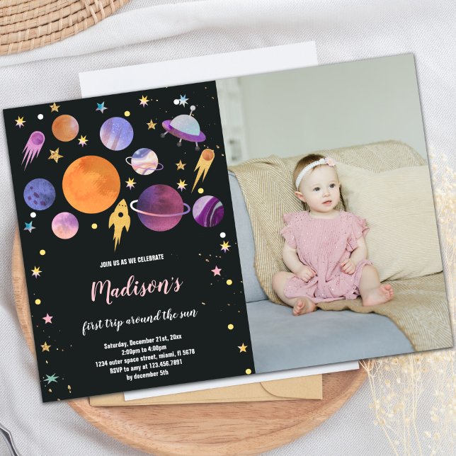 Invitación de cumpleaños a planetas y buques de co (Planets Rocket Ship Astronaut Invitations w photo)