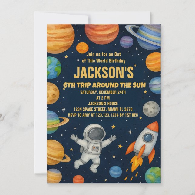 Invitación de cumpleaños a planetas y cohetes (Anverso)