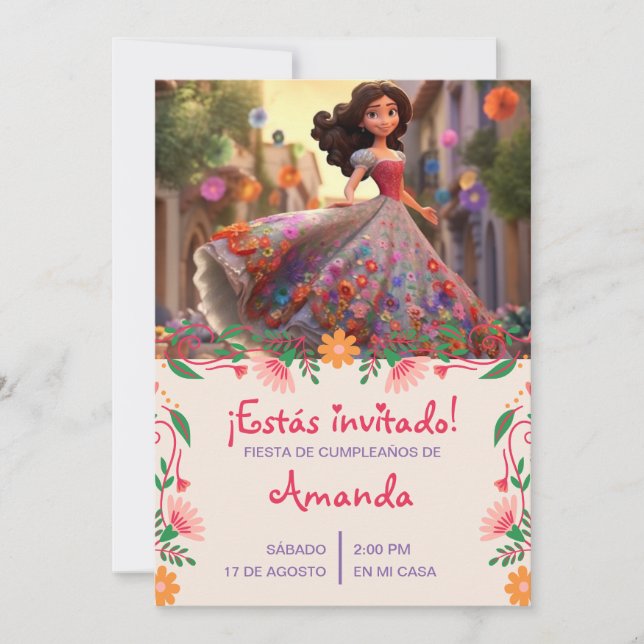 Invitación de cumpleaños a princesa latinoamerican (Anverso)