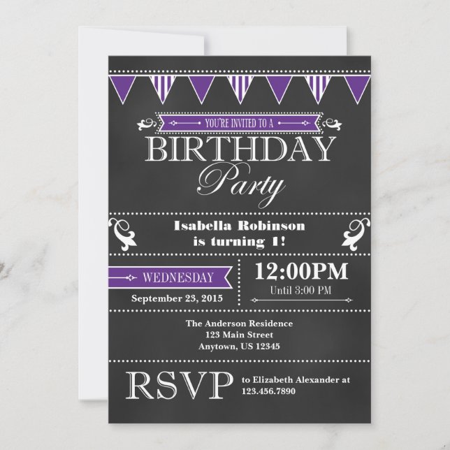 Invitación de cumpleaños a Purple Black Chalkboard (Anverso)