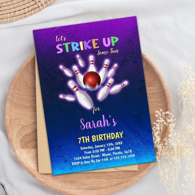 Invitación de cumpleaños a Purple Bowling (Purple Bowling Birthday Invitations)