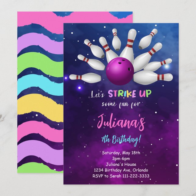 Invitación de cumpleaños a Purple Bowling (Anverso / Reverso)