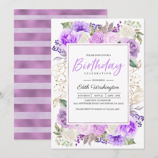 Invitación de cumpleaños a Purple Floral Spring (Anverso / Reverso)