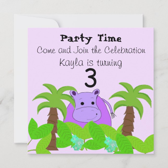Invitación de cumpleaños a Purple Hippo (Anverso)