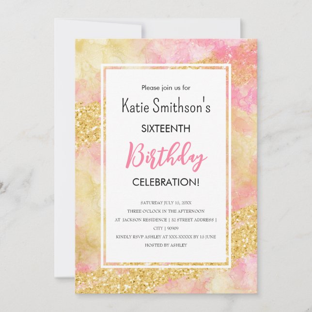 Invitación de cumpleaños a Purpurina de oro de col (Anverso)
