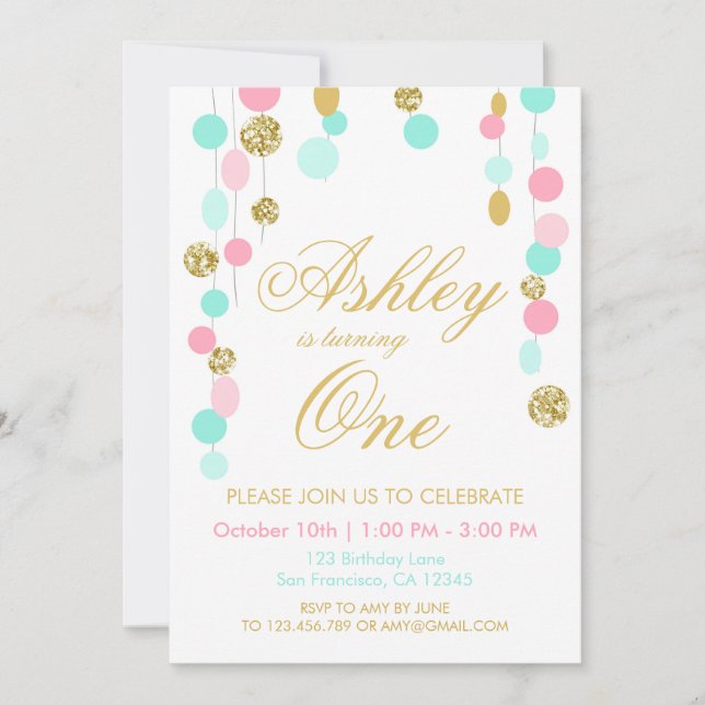 Invitación de cumpleaños a Purpurina de Pink Mint  (Anverso)