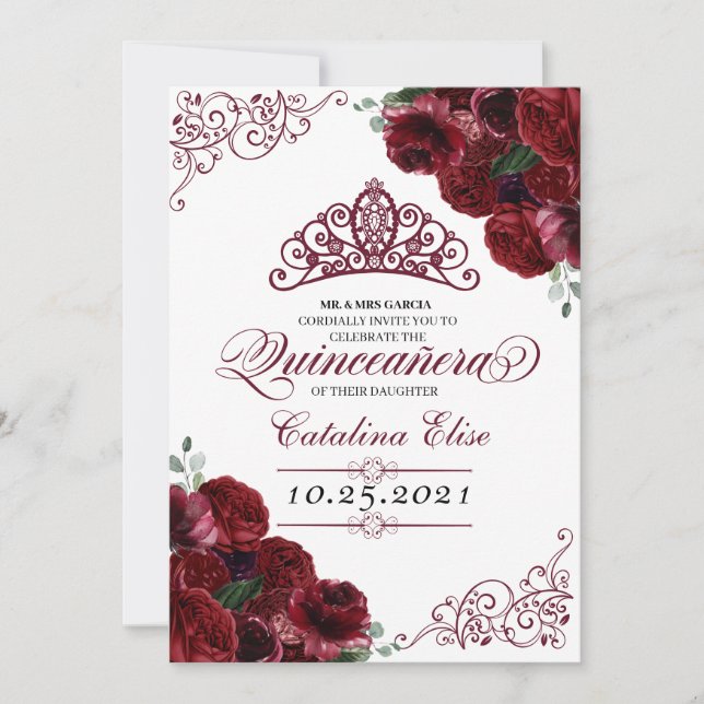 Invitación de cumpleaños a Quinceanera con flores  (Anverso)