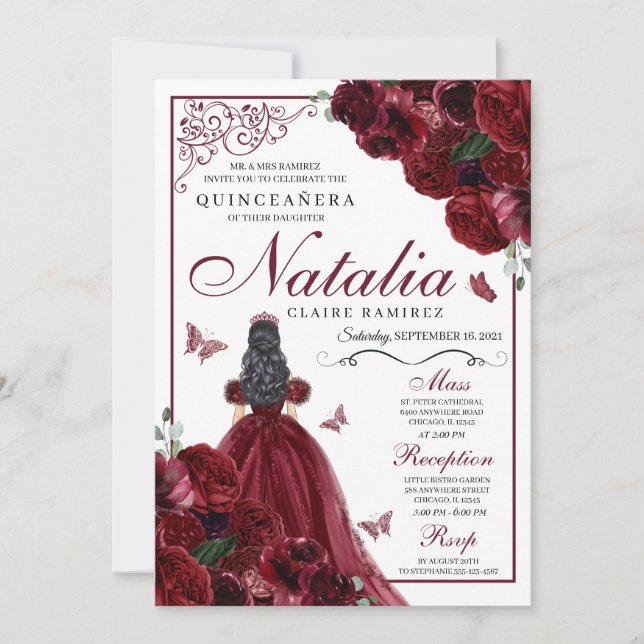 Invitación de cumpleaños a Quinceanera con flores  (Anverso)