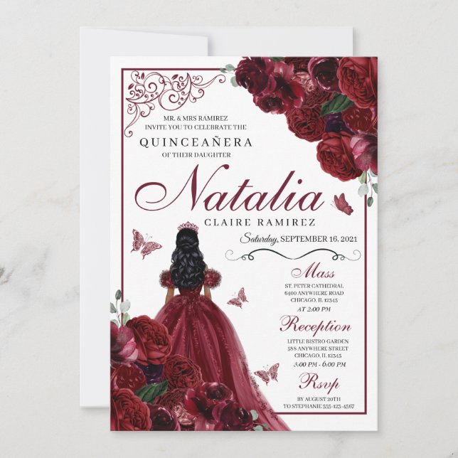 Invitación de cumpleaños a Quinceanera con flores  (Anverso)