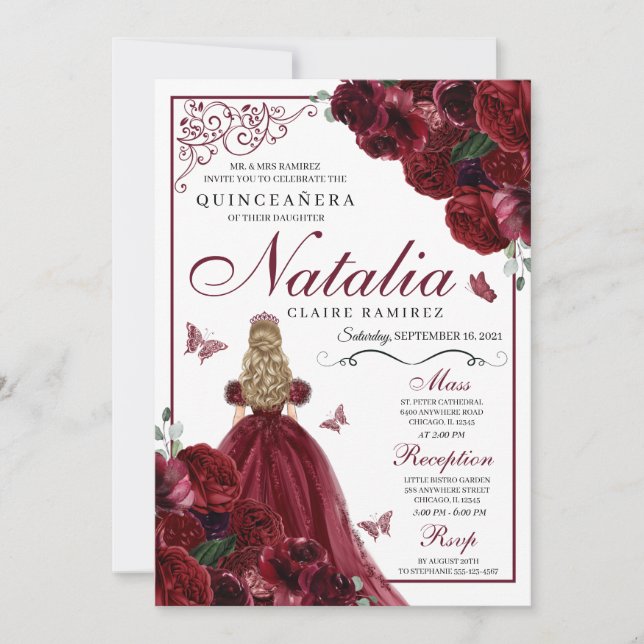 Invitación de cumpleaños a Quinceanera con flores  (Anverso)