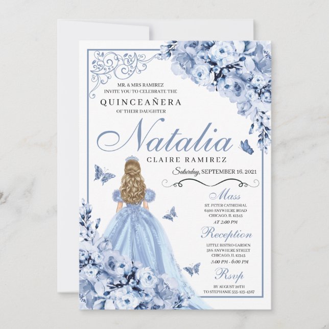 Invitación de cumpleaños a Quinceanera con flores  (Anverso)