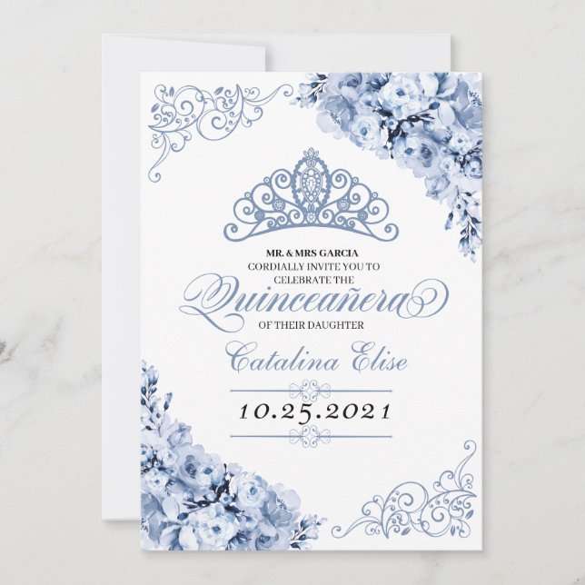 Invitación de cumpleaños a Quinceanera con flores  (Anverso)
