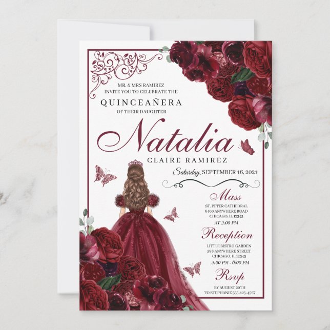 Invitación de cumpleaños a Quinceanera con flores  (Anverso)