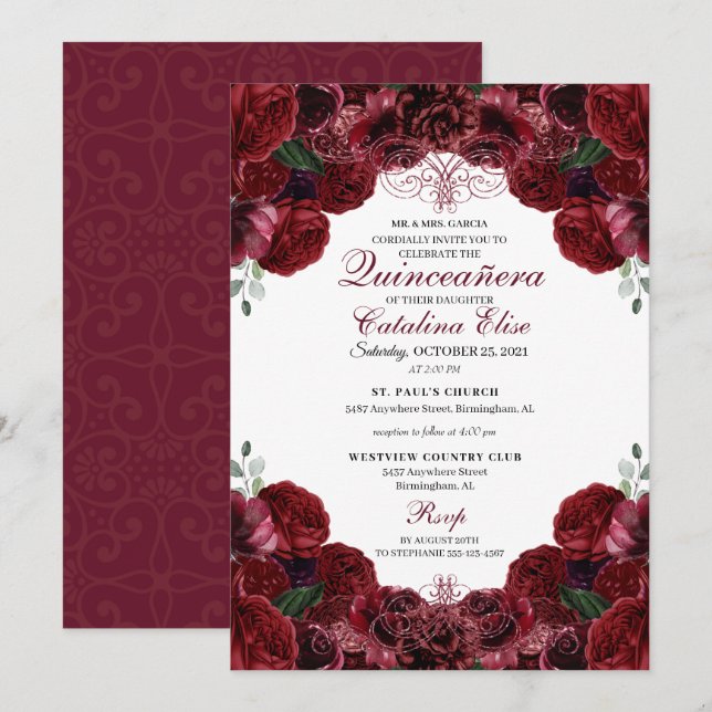 Invitación de cumpleaños a Quinceanera con flores  (Anverso / Reverso)