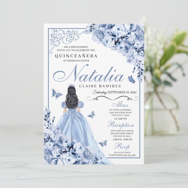 Invitación de cumpleaños a Quinceanera con flores  (Anverso de pie)