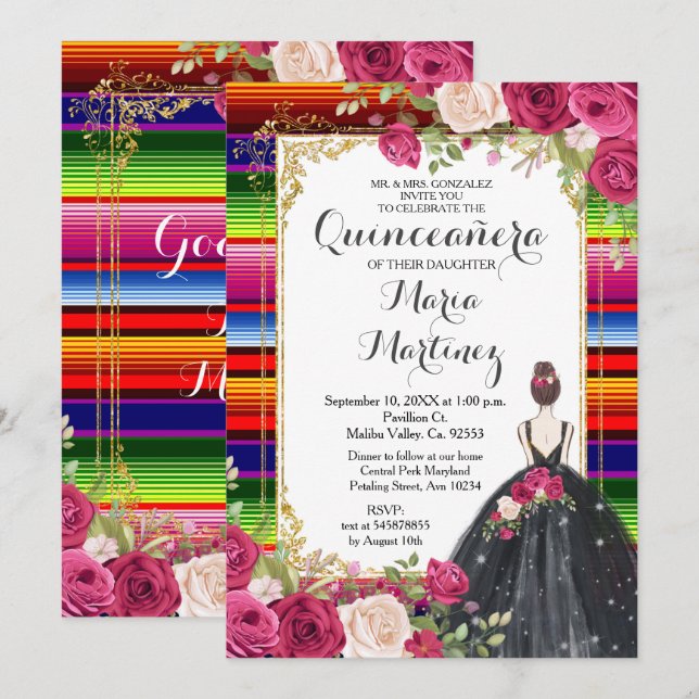 Invitación de cumpleaños a Quinceañera de las flor (Anverso / Reverso)