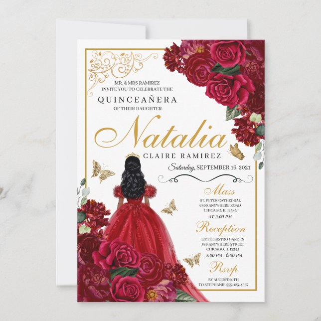 Invitación de cumpleaños a Quinceanera floral de o (Anverso)