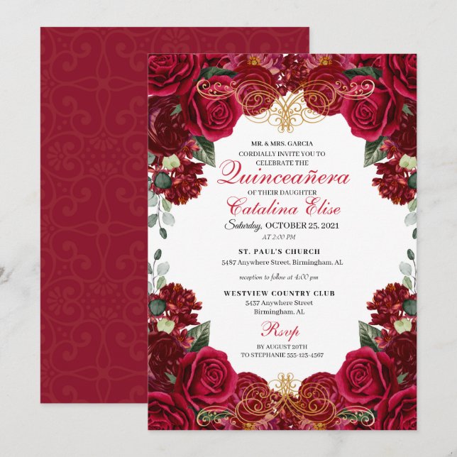 Invitación de cumpleaños a Quinceanera floral de o (Anverso / Reverso)