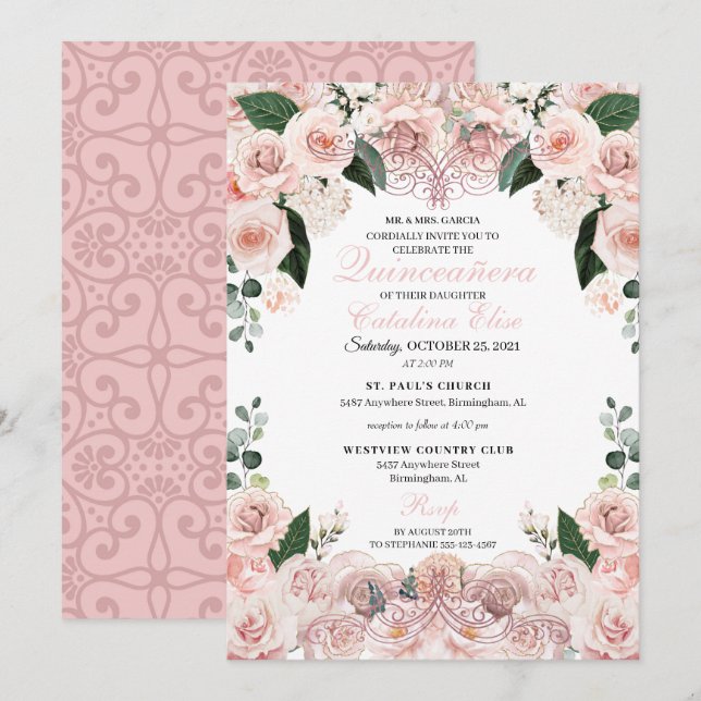 Invitación de cumpleaños a Quinceanera floral rosa (Anverso / Reverso)