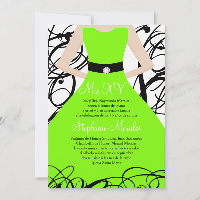 Invitación de cumpleaños a Quinceanera Vestido ver (Anverso)