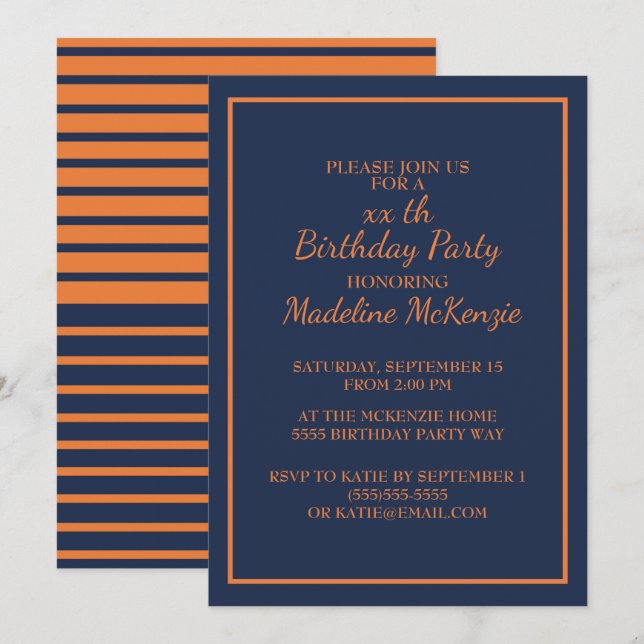 Invitación de cumpleaños a rayas azul marino y nar (Anverso / Reverso)
