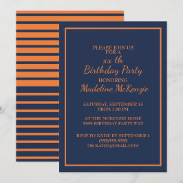 Invitación de cumpleaños a rayas azul marino y nar