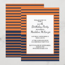 Invitación de cumpleaños a rayas azules y naranjas