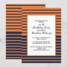 Invitación de cumpleaños a rayas azules y naranjas