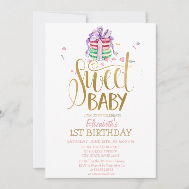 Invitación de cumpleaños a rayas con Macarons Fran (Anverso)