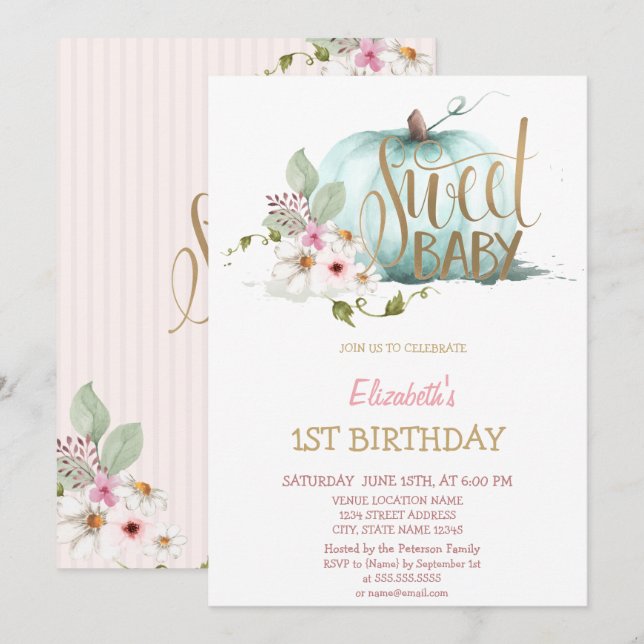 Invitación de cumpleaños a rayas de calabaza flora (Anverso / Reverso)