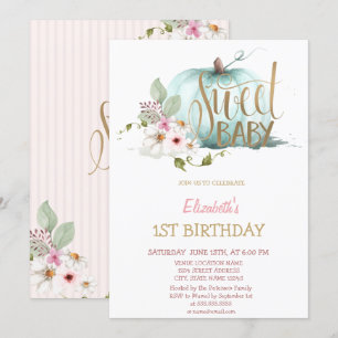Invitación de cumpleaños a rayas de calabaza flora