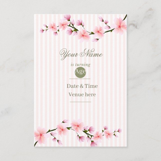 Invitación de cumpleaños a rayas de flor de cerezo (Anverso)