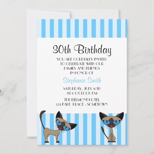 Invitación de cumpleaños a rayas de gato siamés (Anverso)