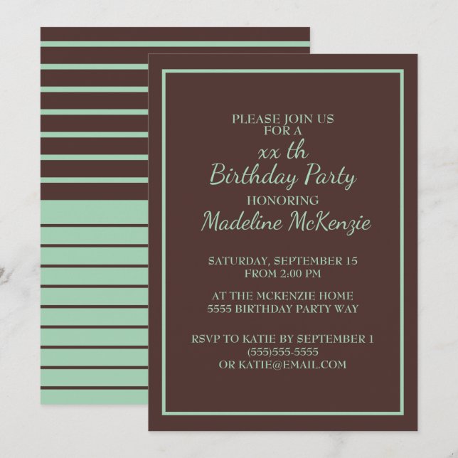 Invitación de cumpleaños a rayas de menta marrón c (Anverso / Reverso)