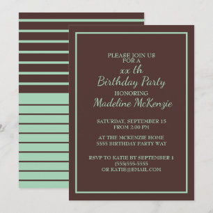 Invitación de cumpleaños a rayas de menta marrón c