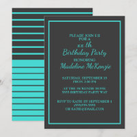 Invitación de cumpleaños a rayas de turquesa negro