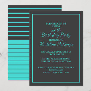 Invitación de cumpleaños a rayas de turquesa negro