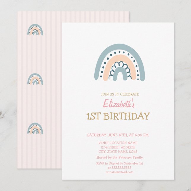 Invitación de cumpleaños a rayas del arcoiris del  (Anverso / Reverso)