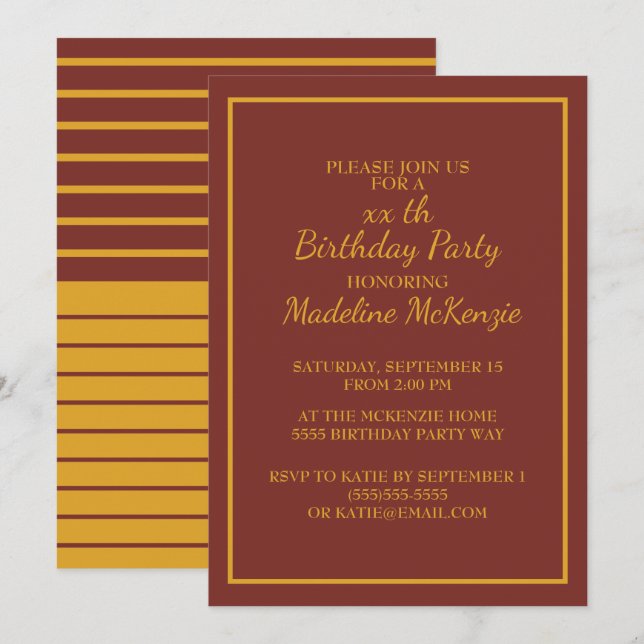 Invitación de cumpleaños a rayas doradas y borgoña (Anverso / Reverso)