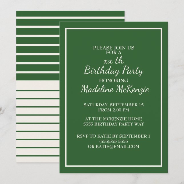 Invitación de cumpleaños a rayas verdes y blancas (Anverso / Reverso)
