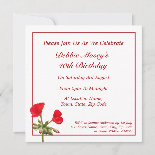 Invitación de cumpleaños a Red Geranium (Anverso)