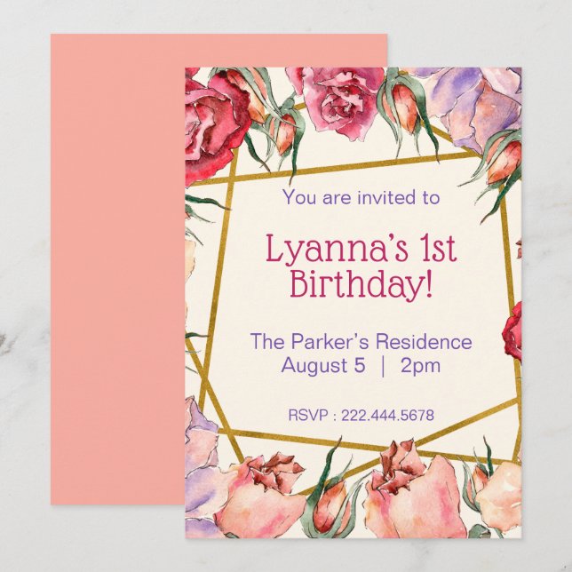 Invitación de cumpleaños a Rosas color de agua bei (Anverso / Reverso)