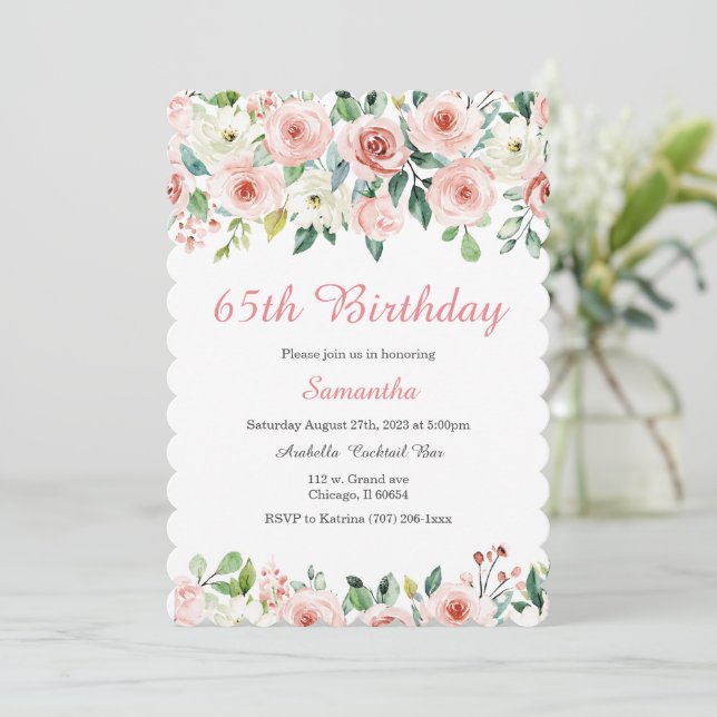 Invitación de cumpleaños a Rubor Floral 65 (Anverso de pie)
