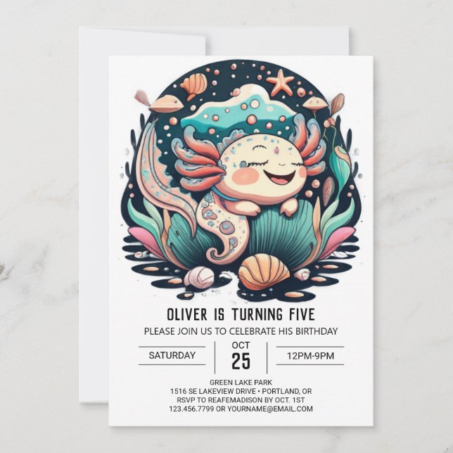 Invitación de cumpleaños a Seashell Axolotl (Anverso)