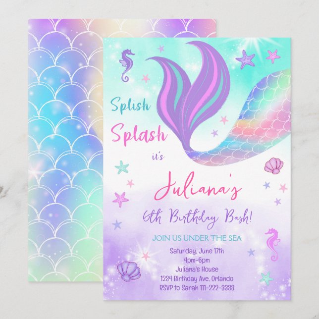 Invitación de cumpleaños a sirena Verde azulada mo (Anverso / Reverso)