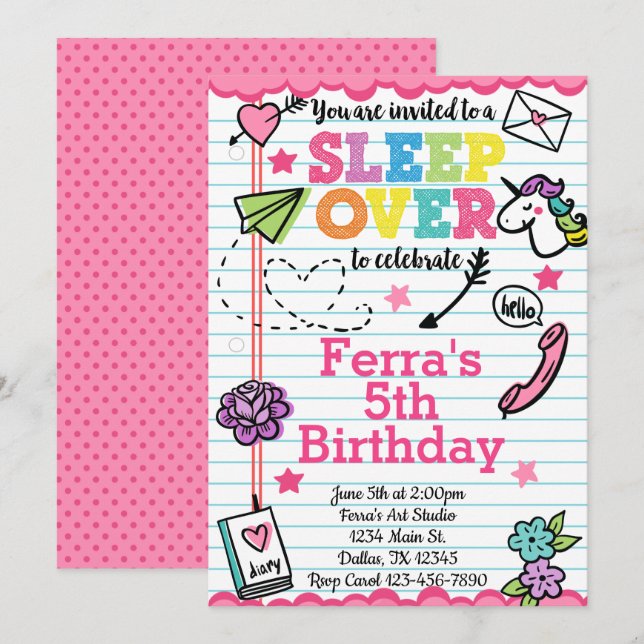 Invitación de cumpleaños a Sleepover Fiesta de mad (Anverso / Reverso)