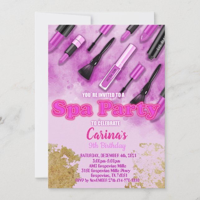 Invitación de cumpleaños a Spa Makeup Glam (Anverso)