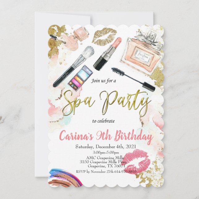Invitación de cumpleaños a Spa Makeup Glam (Anverso)