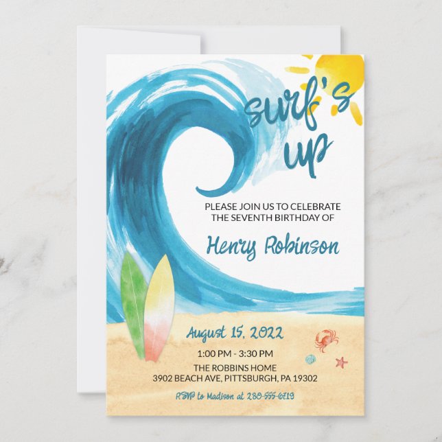 Invitación de cumpleaños a Surf's Up Surfer Beach (Anverso)